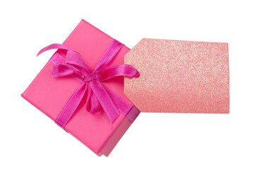 Gift box isolated on white, transparent. Pink color parcel with ribbon bow, top view. Mothers day. 