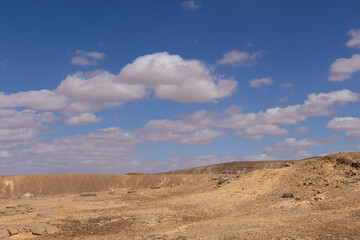 travel through the sandy desert, blue sky and many clouds