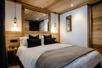 Modern wooden bedroom with king-size bed, gray blanket, and stylish pendant lights.