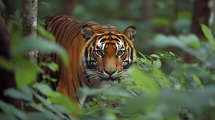 Fototapeta premium wildlife photo of tiger in rainforest, panoramic landscape, Generative AI