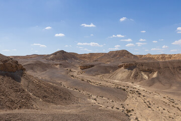 travel through the sandy desert, blue sky and many clouds