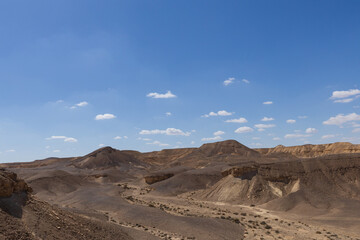 travel through the sandy desert, blue sky and many clouds