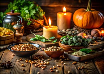 Fototapeta premium Rustic Low-Light Still Life: Zinc-Rich Foods & Healthy Ingredients