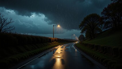 Fototapeta premium Northern Irish Rainfall creates serene atmosphere, illuminating winding road under dark, cloudy sky. Concept highlights Northern Irish Rainfall along evocative, rainy landscape