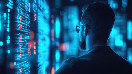 Analyzing big data on a holographic screen futuristic finance office visual data insights immersive technology environment innovative professional perspective in development