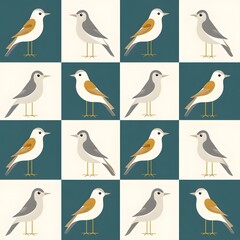 Fototapeta premium Modern Minimalist Bird Grid Pattern in Teal and Cream Seamless Pattern