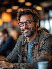 Smiling man in a cozy café setting, enjoying a warm drink while socializing with friends