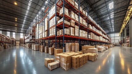 Boxes stacked inside large warehouse storage area