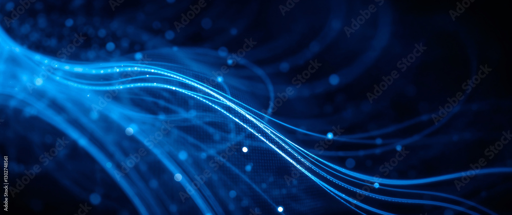 Poster abstract blue particles flowing and forming wavy lines in digital space