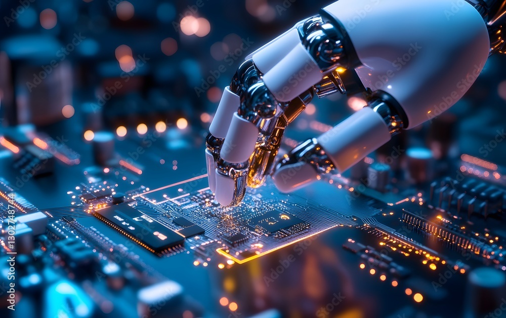 Poster a robotic hand delicately interacts with a computer circuit board, showcasing the fusion of robotics