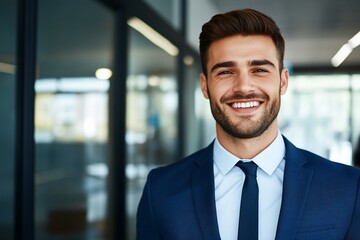 Businessman smiles in modern office hallway
