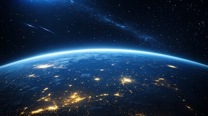 Fototapeta premium Earth at night with city lights and a meteor.