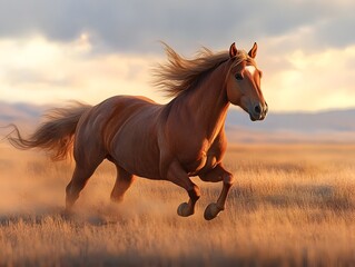 Obraz premium A stunning image of a majestic horse running freely across an open field. The golden sunset enhances the beauty and spirit of this magnificent animal in its natural habitat.