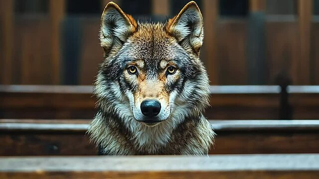 wolf sitting on dock in court, animals, Justice and law concept	