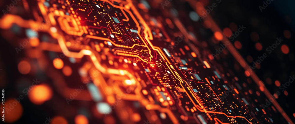 Poster orange printed circuit board emitting light and data is flowing