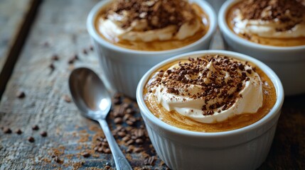 Three cups of hot chocolate topped with whipped cream on a wooden table in a cozy setting