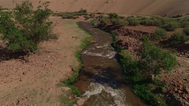 The quadcopter flies into the valley of a small river in the Gobbi desert in Mongolia. The drone captures a large sand dune with eyes overlooking the river.