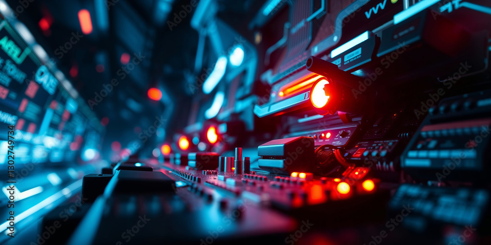 Poster Futuristic server room blinking with red and blue lights processing big data