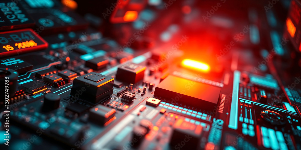 Poster Futuristic circuit board pulsating with red light and digital displays