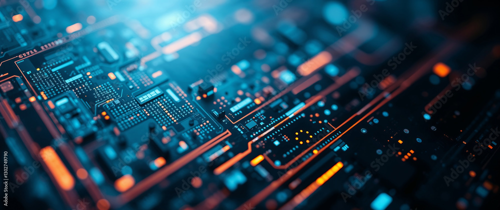 Fototapete futuristic circuit board pulsating with data flow