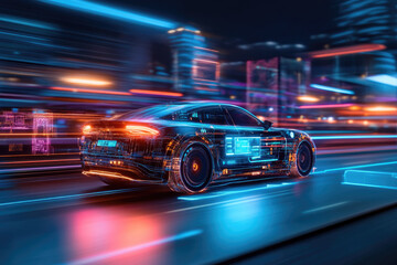 Fototapeta premium Autonomous ai car navigating a futuristic cityscape with glowing overlays realistic style dynamic environment innovative concept