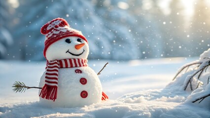 Obraz premium Smiling Snowman with Red Accents in a Sunny Winter Wonderland Setting