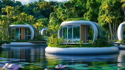 Obraz premium Eco-Luxury Floating Homes, Tropical Lagoon - Sustainable living