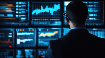 Corporate professional analyzing global performance charts in a dark tech office environment from a strategic viewpoint