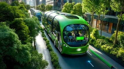 Naklejka premium Eco-Friendly Autonomous Bus on City Street - Sustainable Transporta.