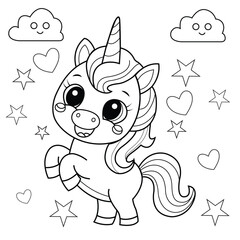 unicorn watermelon coloring page for kids. Animal outline doodle colouring page isolated on white background. Wild animal coloring book for kids