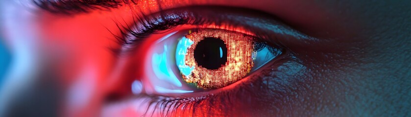 A close-up of a human eye illuminated by vibrant colors, showcasing intricate details of the iris and eyelashes, evoking a sense of mystery and depth in emotions.