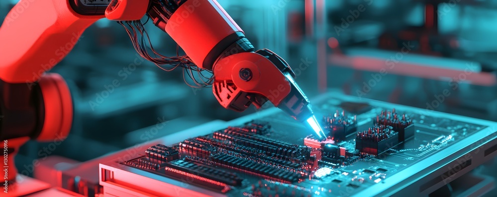 Poster a close-up view of a robotic arm working on a circuit board in a high-tech environment