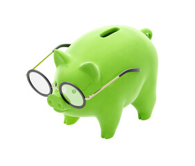Smart Savings with a Piggy Bank. A green piggy bank with spectacles, isolated against a transparent background. A 3D-rendered graphics in isometric projection themed around Financial Accountancy.