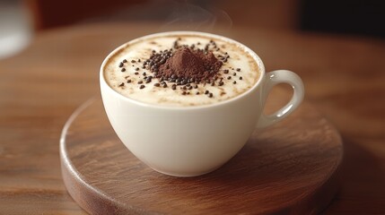 Obraz premium Cup of hot chocolate with a spoon placed beside it on a wooden table