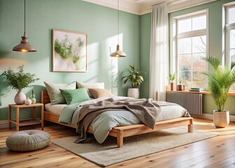 Scandinavian Bedroom: Pastel Walls, Wooden Bed, Cozy Textiles - Modern Minimalist Interior Design Stock Photo