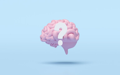 3d pink brain icon with question mark isolated on blue background. health check concept, 3d illustration render