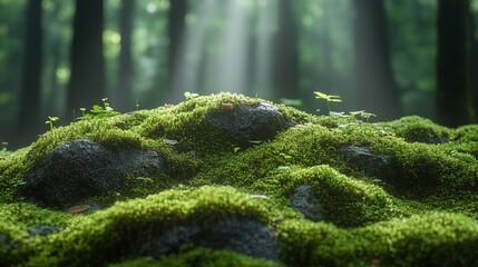Sunbeams illuminate mossy forest floor with rocks.