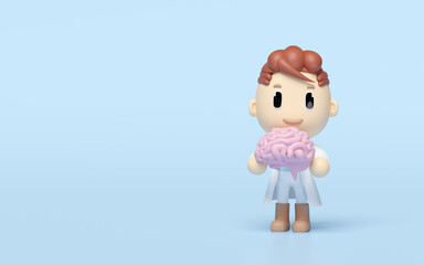 Doctor holding virtual brain isolated on blue background. brain health check concept, 3d illustration render