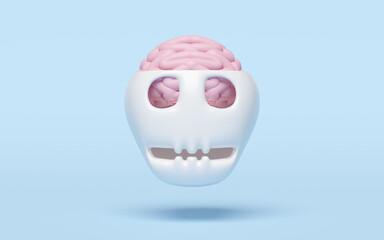 3d pink brain with open skull isolated on blue background. brain health check concept, 3d illustration render