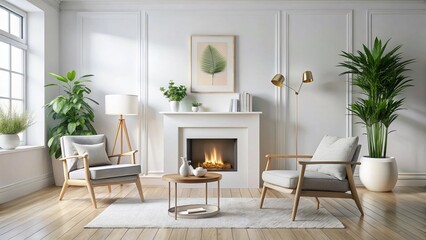Fototapeta premium Scandinavian Minimalist Living Room with Fireplace Mantle & Blank Frame Mockup