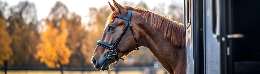 Obraz premium A majestic horse gazes out from its stable, framed by the warm hues of autumn foliage. Its calm demeanor and elegant features embody the spirit of rural serenity and companionship.