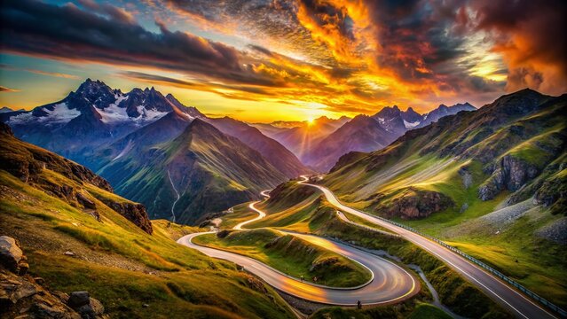 Scenic Winding Road to Great St. Bernhard Pass, Wallis Alps, Switzerland - Long Exposure Photography