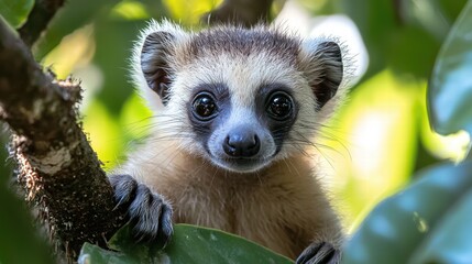 Fototapeta premium Small animal perched on a branch in a tree surrounded by green foliage