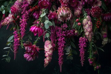A dramatic arrangement of cascading amaranthus and exotic protea blooms, capturing the drama and intensity of a love that knows no bounds.