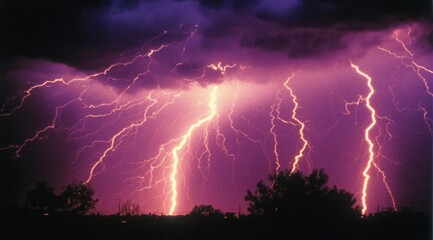 Dramatic lightning storm over dark landscape