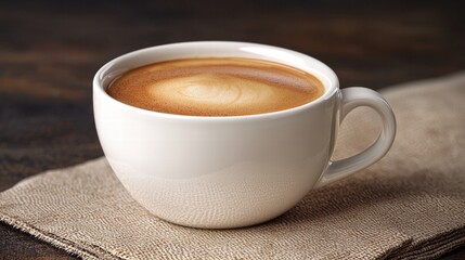 Cup of coffee placed on a folded napkin on a wooden table in a cozy cafe setting