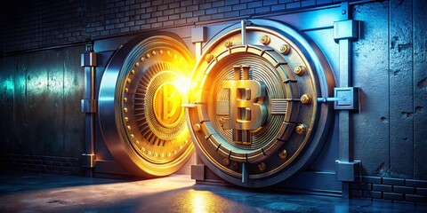 Secure Digital Cryptocurrency Vault Door - Double Exposure Stock Photo