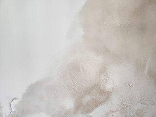 Close up defect of water stain on white ceiling. Peeling paint and moldy on the wall.