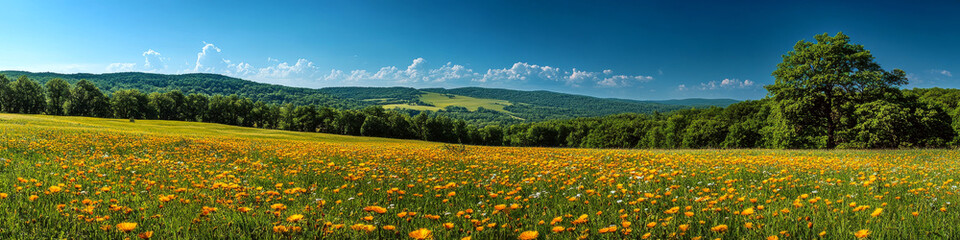 Obraz premium Field of yellow wildflowers under a clear blue sky with distant hills visible. Concept of serene nature and open landscapes. For landscape photography.