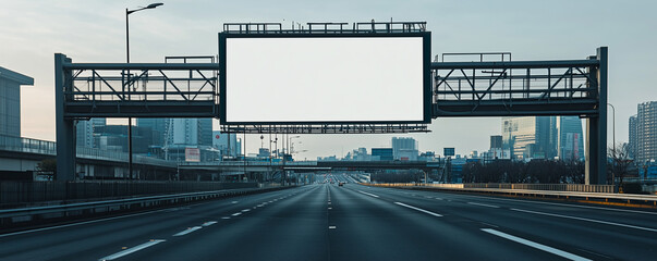 Road sign suspended above a deserted highway during early morning light in an urban setting